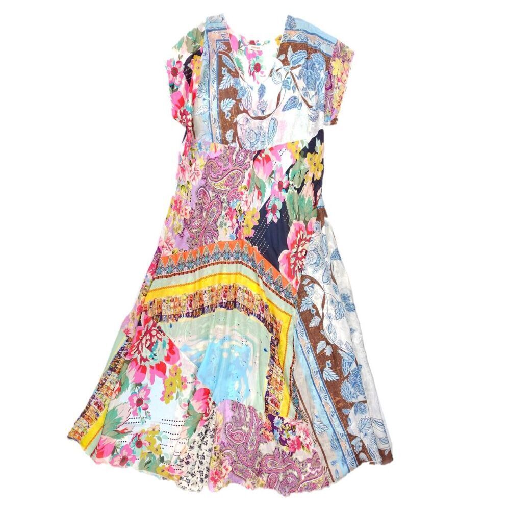 JOHNNY WAS 100% Silk Tropic Georgette Maxi Dress Floral Patchwork Lagenlook Boho